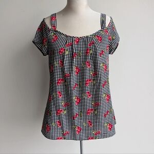 Cherry Gingham Cold Shoulder Short Sleeve Top